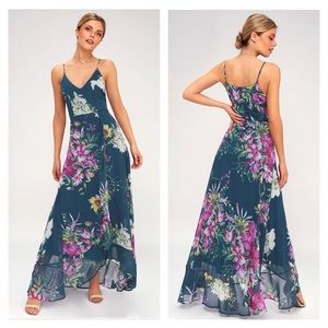 NWOT LuLu’s Passion Island Teal Blue Floral Print Maxi Dress, Size S